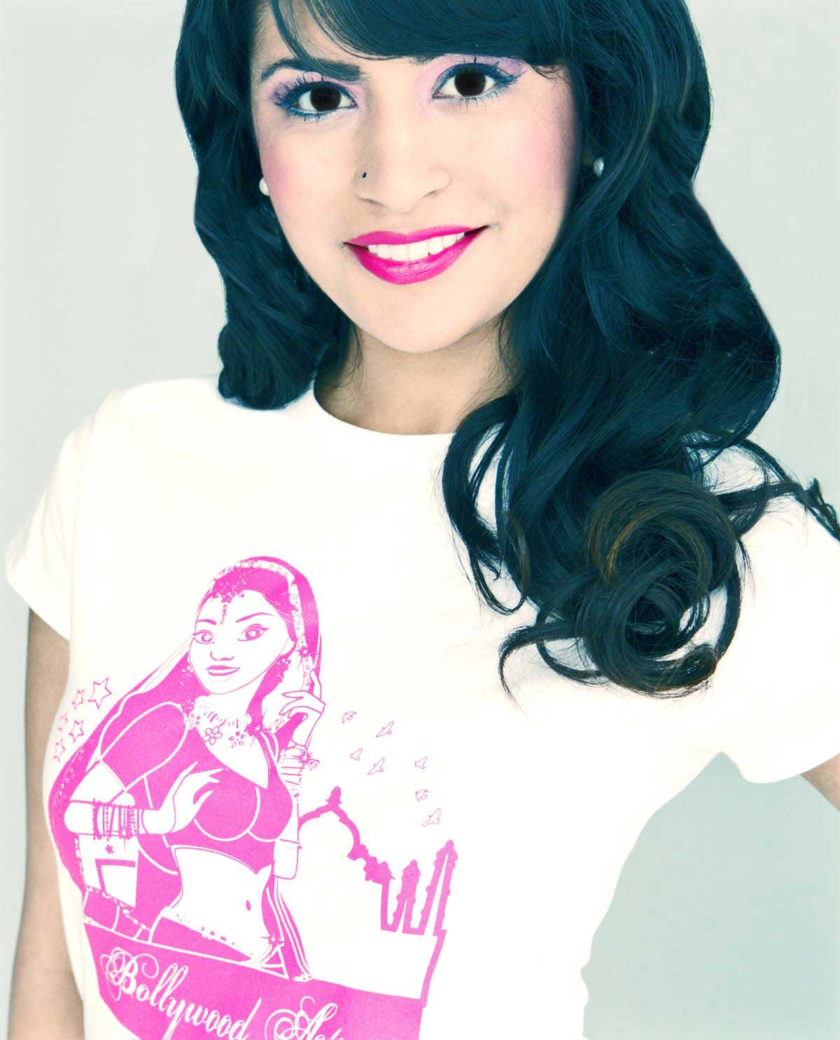 Desi female model wearing Bollywood Actress Illustration t.shirt.