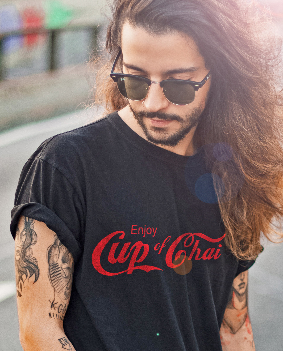 South Asian male model wearing Cup of Chai Black SoftStyle South Asian Desi Themed Graphic Design t.shirts by Brown Man Clothing Co.