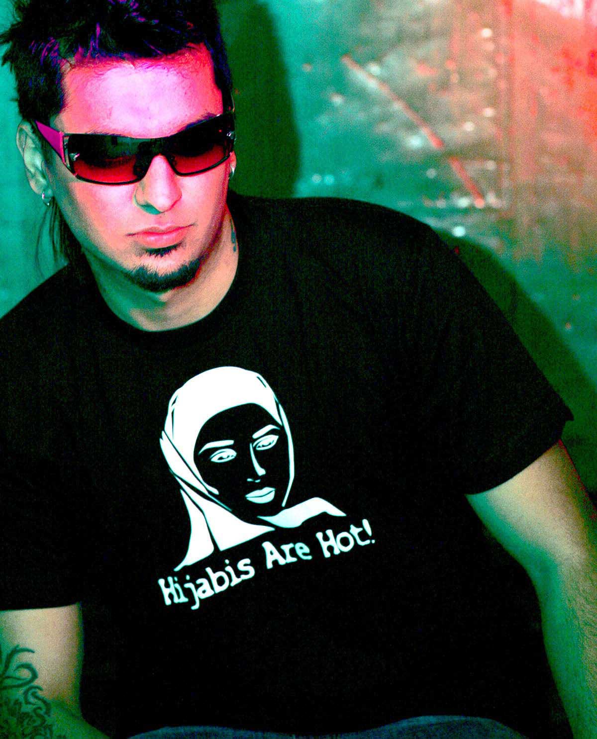 South Asian Male model wearing Black American Apparel tshirt with white graphic design image on front that says Hijabis Are Hot!