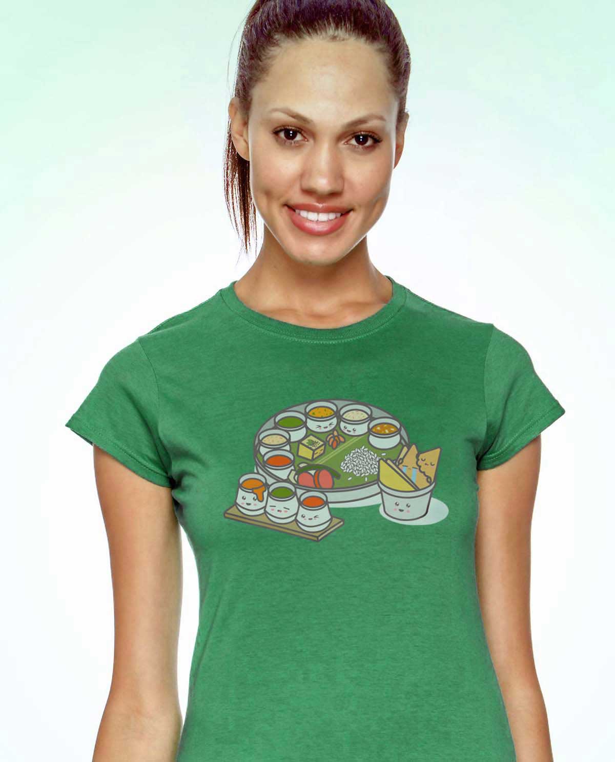 Kawaii Indian Thali food Graphic Design Tshirt printed on green supersoft tshirt for women.