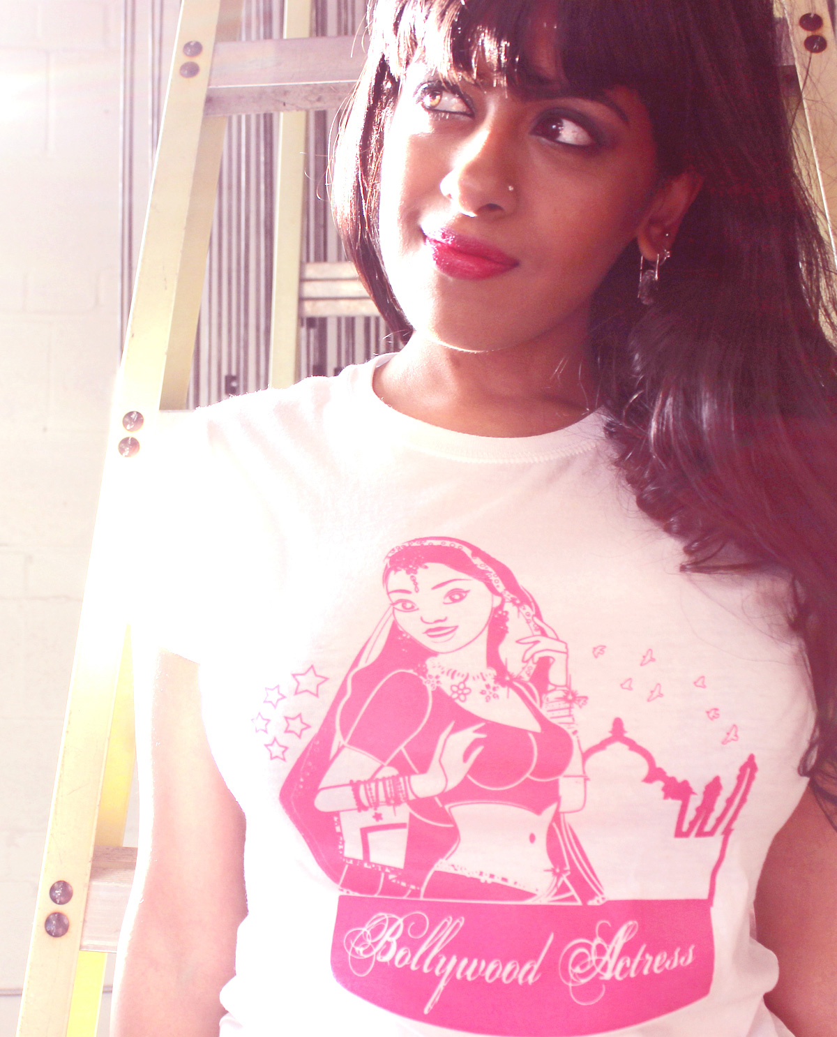 South Asian female model wearing Bollywood Actress South Asian Desi Themed Graphic Design t.shirts by Brown Man Clothing Co.