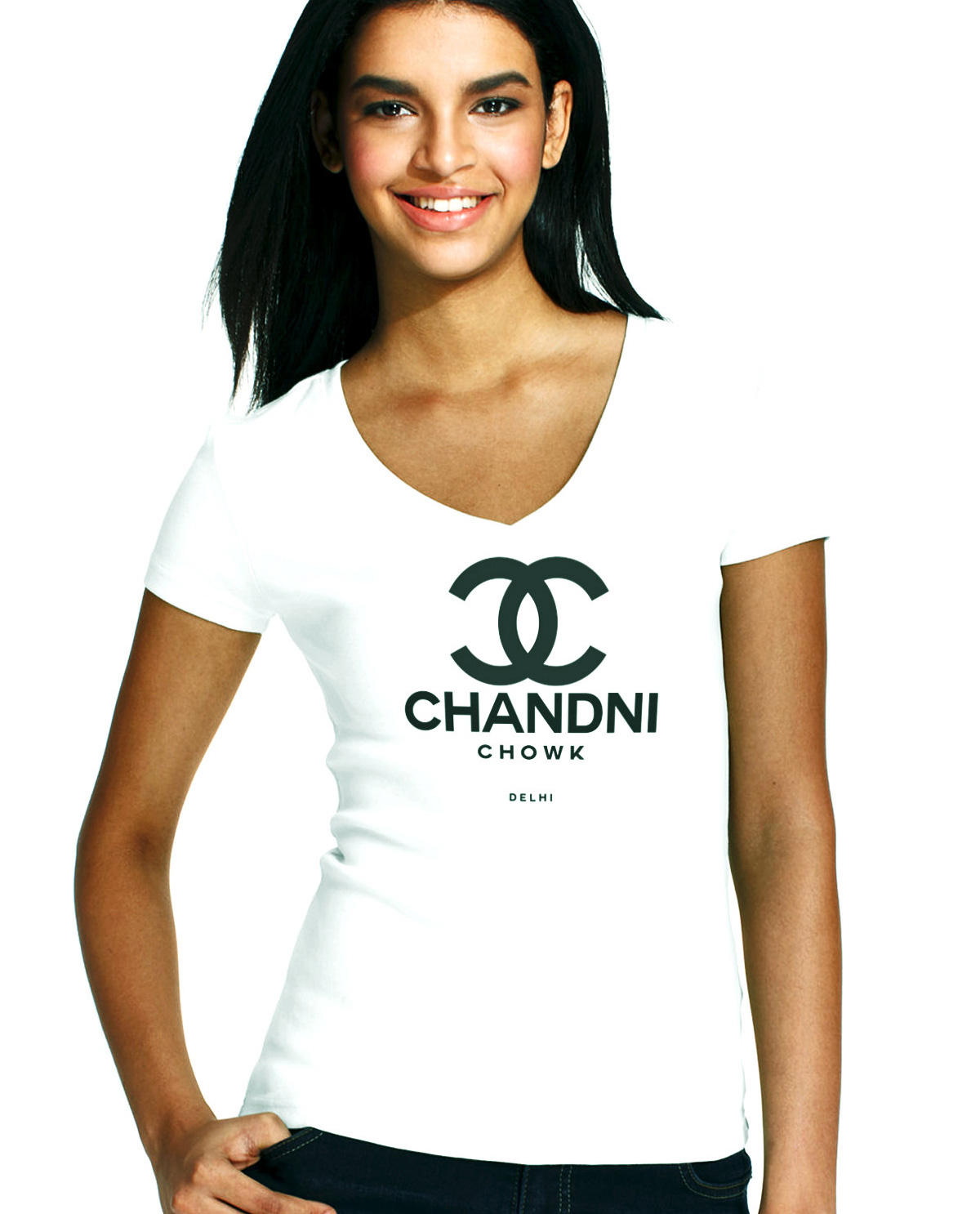 South Asian Female Model white fitted V Neck tshirt with graphic design on front by Brown Man Clothing Co. Chandni Chowk