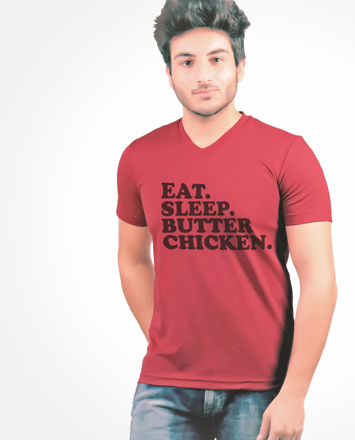 Eat. Sleep. Butter Chicken. Red V Neck graphic design t.shirt being worn by South Asian male model. South Asian Desi Themed Graphic Design t.shirts by Brown Man Clothing Co.
