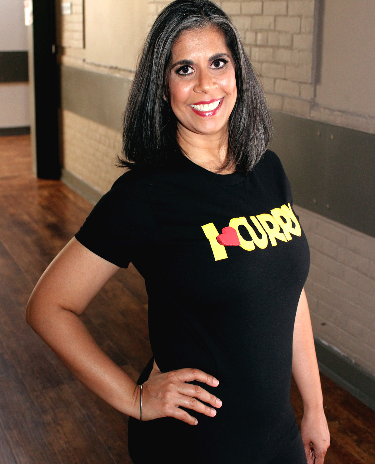 South Asian female model wearing I Love Curry Graphic Design t.shirt. South Asian Desi Themed Graphic Design t.shirts by Brown Man Clothing Co.