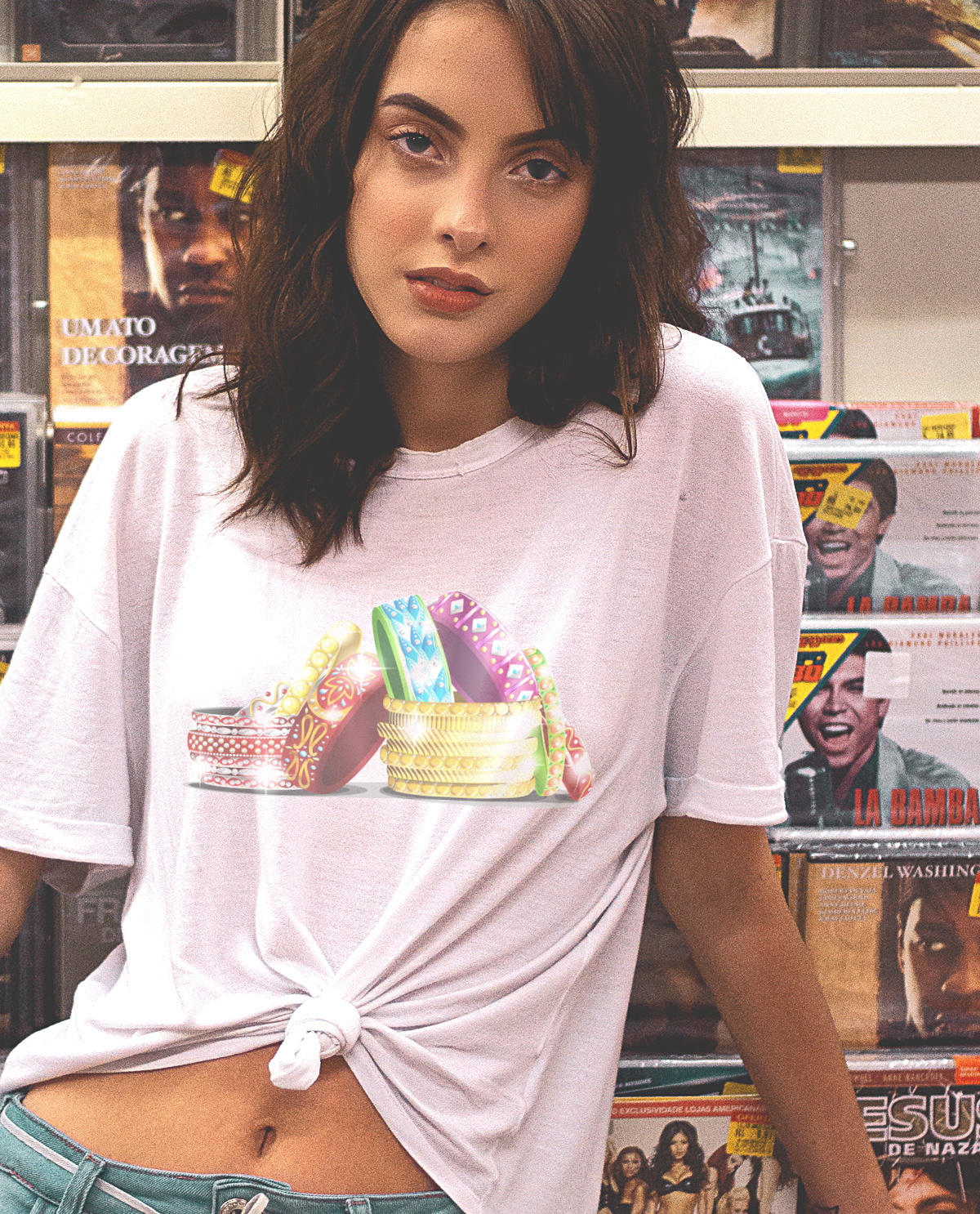 Female South Asian model wearing white fitted graphic design t.shirt with Indian Bangles on front.