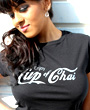 Female model wearing black fitted graphgic design tshirt with Cup of Chai written on the front.