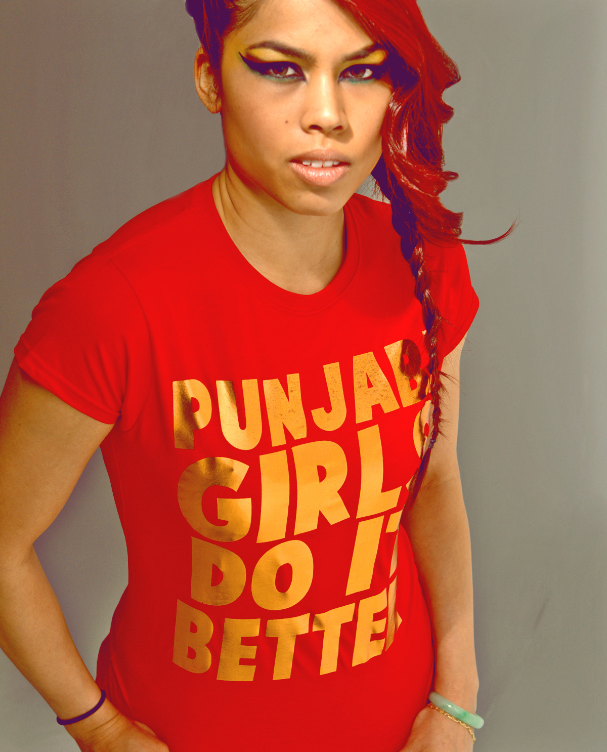 Punjabi Girls Do It Better Copper Foil t.shirt printed on SoftStyle Red T.shirt.