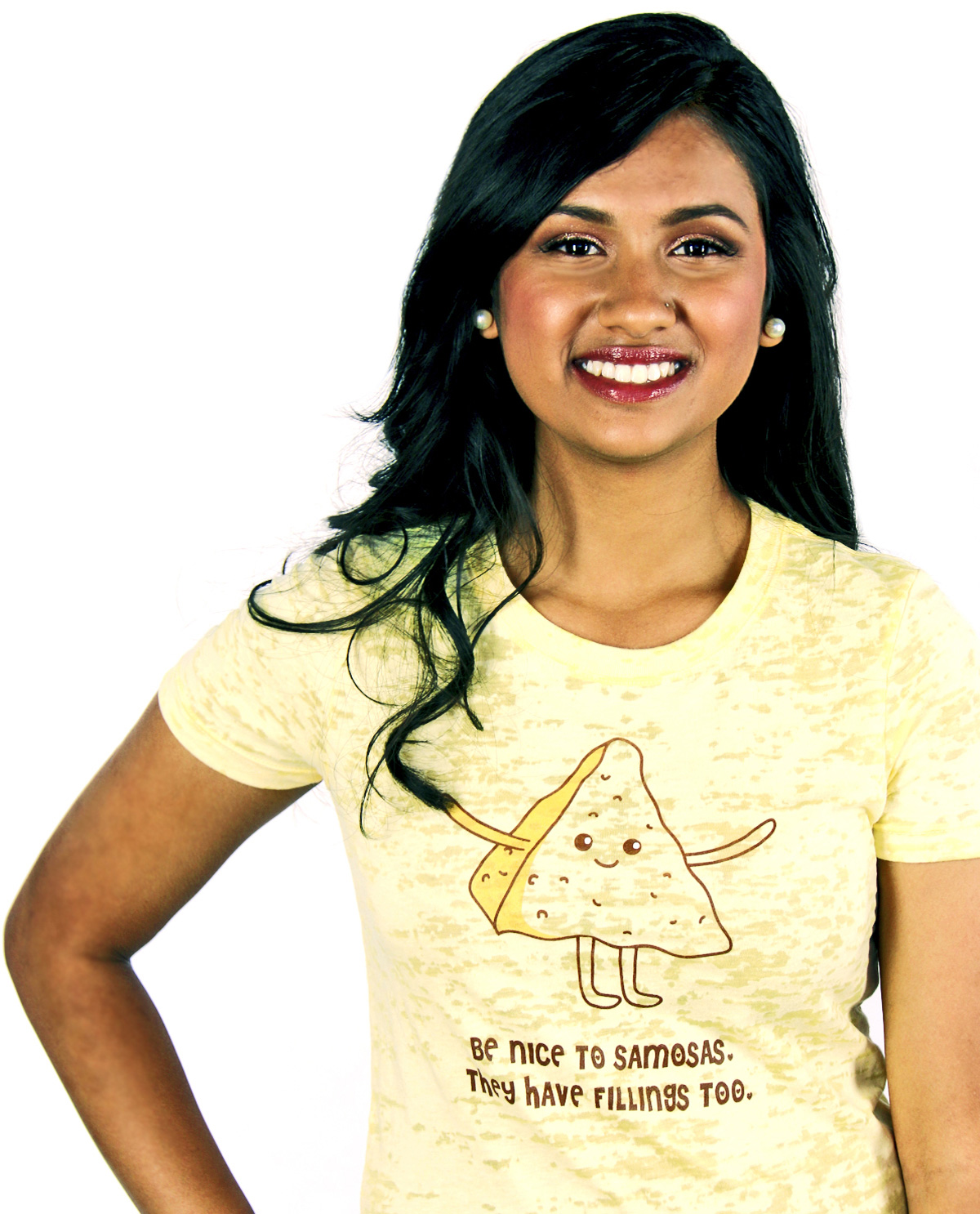 South Asian female model wearing Be Nice To Samosas yellow burnout South Asian Desi Themed Graphic Design t.shirts by Brown Man Clothing Co.